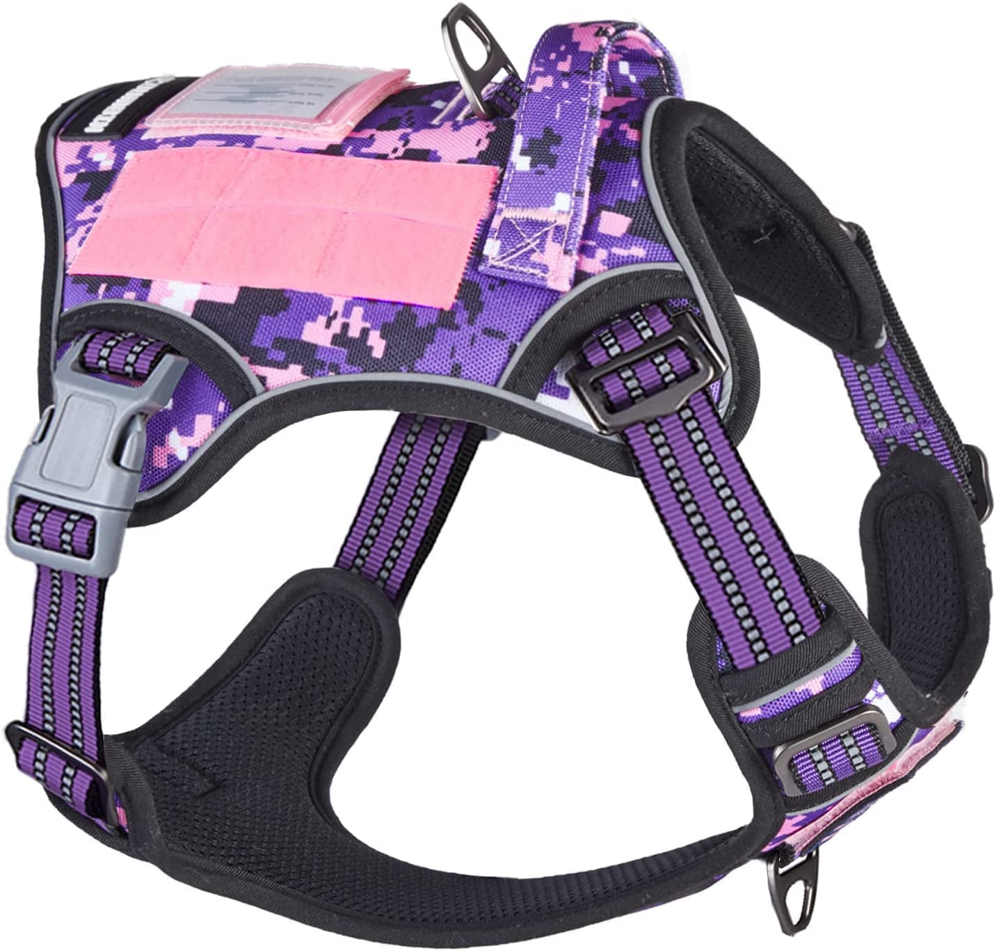 Tactical Dog Harness for Large Dogs No Pull, Fit Smart Reflective Pet Walking Harness for Training, Adjustable Dog Vest Harness with Handle Purple Camo XL