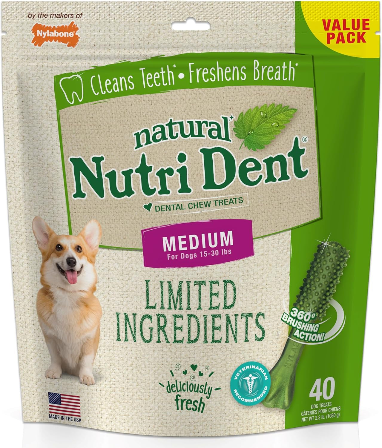 Natural Nutri Dent Dog Dental Treats - Natural Dog Teeth Cleaning & Breath Freshener - Dental Treats for Dogs - Fresh Breath Flavor, Medium (40 Count)