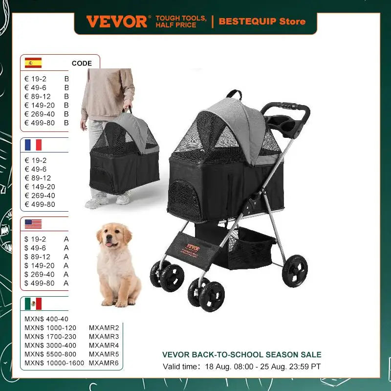 Vevor 35lbs 4 Wheels Pet Dog Stroller with Brakes Storage Basket