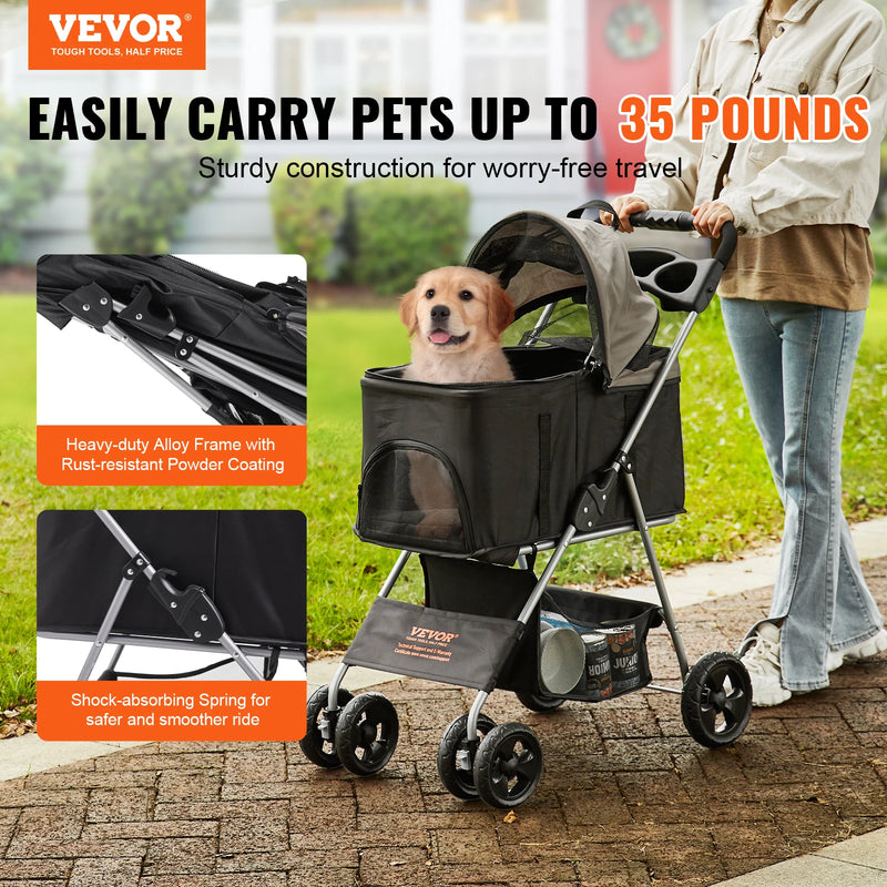 Vevor 35lbs 4 Wheels Pet Dog Stroller with Brakes Storage Basket