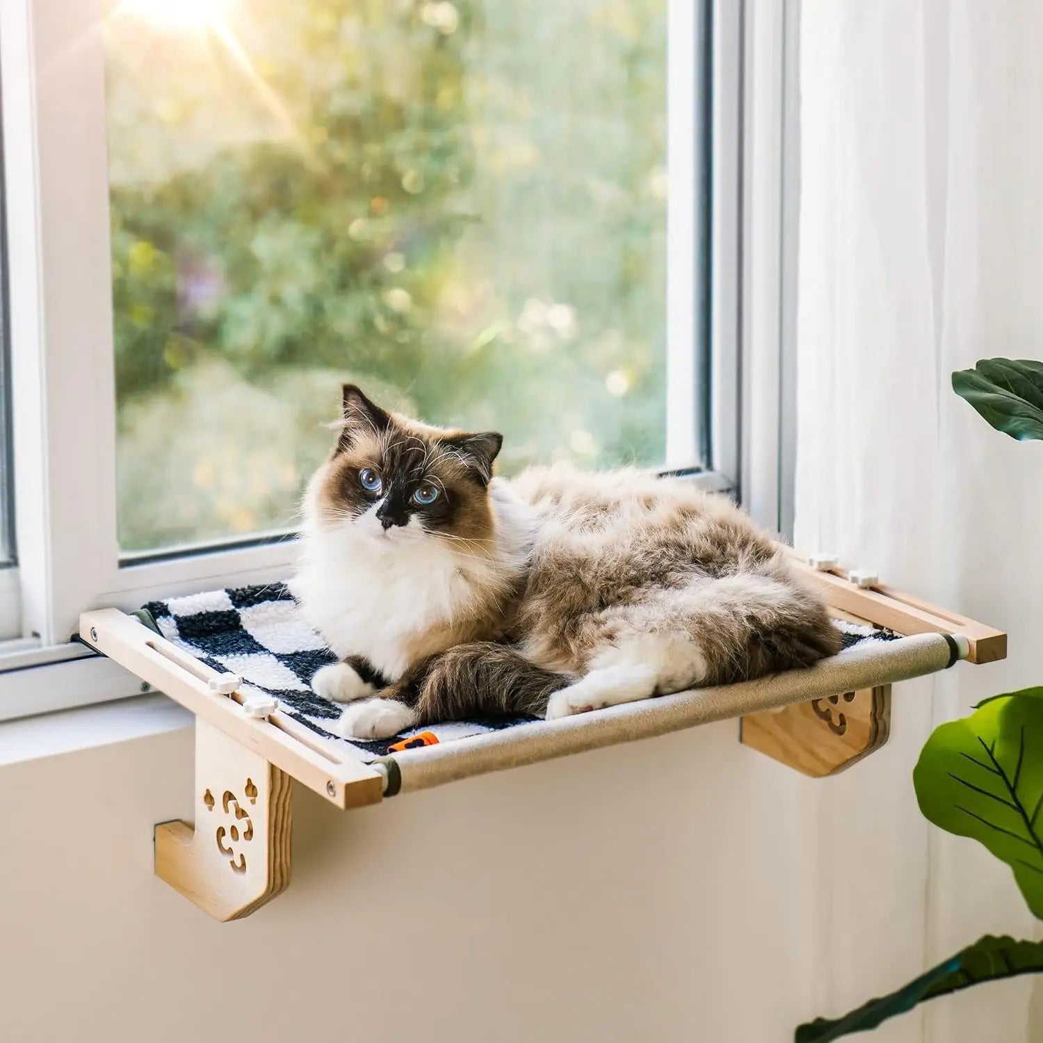 Sturdy Cat Window Perch Hammock Bed with Wood Metal Frame for Cats